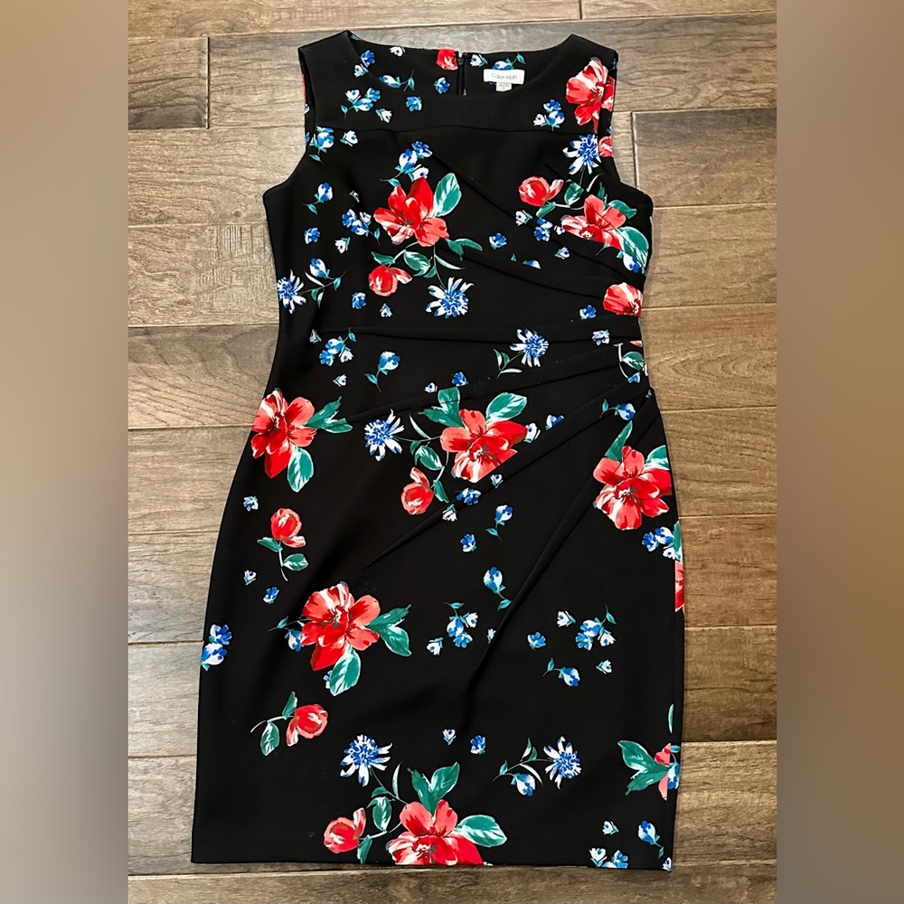 Calvin Klein Sheath Dress. Black Floral.